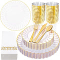 YOUBET 175PCS Gold Scalloped Plastic Plates - Clear and Gold Disposable Dinnerware Set Include 50 Plates, 75 Gold Silverware, 25 Cups, 25 Napkins for Party & Wedding