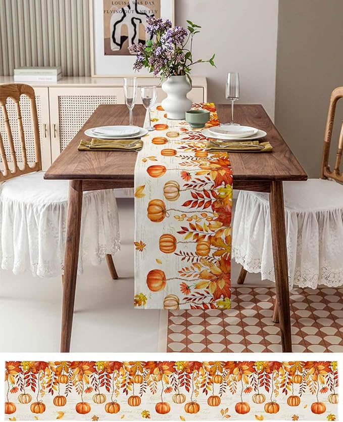 Orange Pumpkin Fall Table Runner 108 Inches Long, Thanksgiving Maple Eucalyptus - Image 4