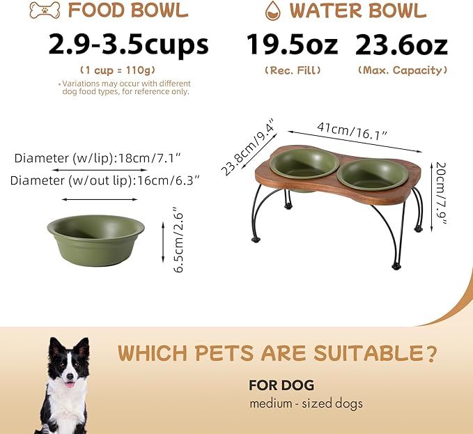 Ceramic 7.1-inch Raised Double-Bowl Set with Non-Slip Stand, 2.5 Cup Food or 24 oz Water Dishes for Medium and Dogs, Wide Opening with Rounded Edges(Olive Green)