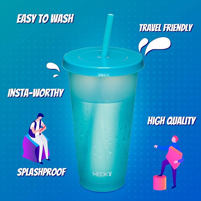 Meoky 12Pack Plastic Cups with Lids and Straws 24oz Reusable Color Changing Cups for Adult Kids Cold Coffee Drinking Tumblers Summer Party Cups