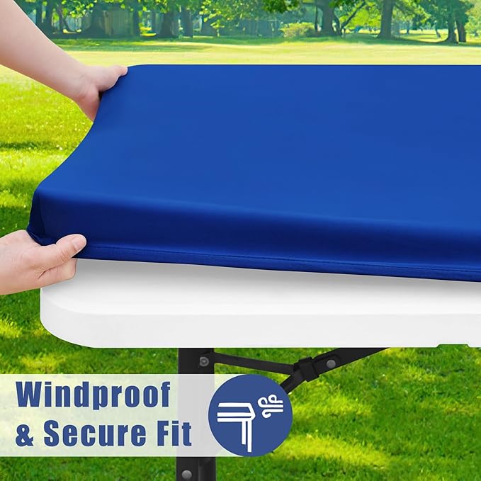 Spandex 6 Foot Rectangle Table Cloth 2 Pack, Elastic Fitted Tablecloths for Picnic, Stretch Washable Patio Table Cover for Outdoor, Camping, Banquet and Parties (Blue, 36"x72")