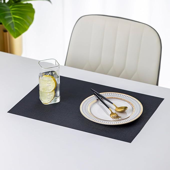 LEXMORE Placemats Set of 6 Vinyl/Plastic Woven Place Mats for Kitchen Table Indoor/Outdoor Washable Placemat Wipeable Dining Table Mats(Black)