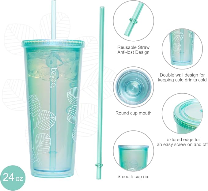 bzyoo 24oz Plastic Tumbler Cup, Lid & Straw, Iced Coffee, Pearl Green Leaf - Image 6