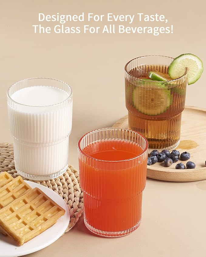 6PCS Ribbed Drinking Glasses, 14Oz Stackable Glass Cup Set - Image 5