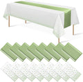 16Pack Plastic Tablecloths and Satin Table Runner Set Disposable White and Sage by MASHAN