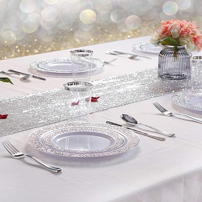 WDF 100pcs Silver Plastic Dessert Plates 7.5" with 100 Pieces Disposable Forks 7.4", Silver Plates Appetizer Plates Small Plates, Fancy Salad Plate and Cake Plate for Party Wedding Valentine's Day