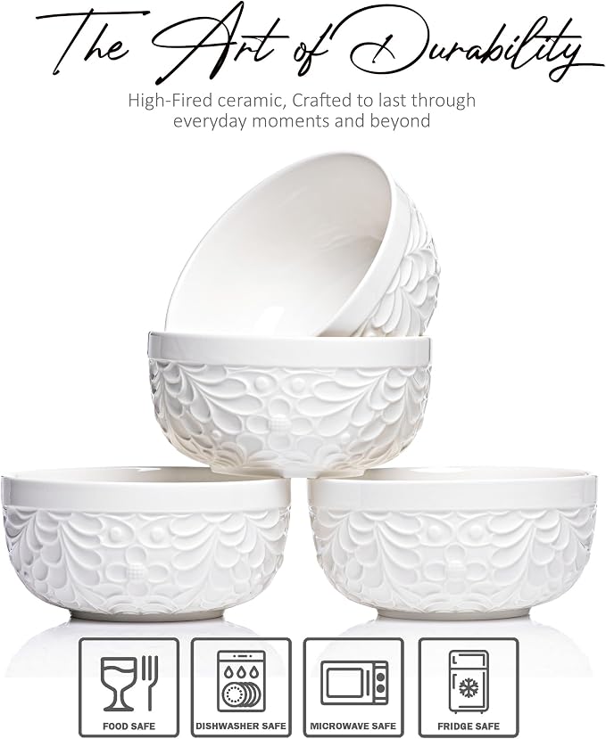 25DOL 22 oz Ceramic Bowls Set of 4 – Embossed Nature-Inspired Design, Versatile - Image 4