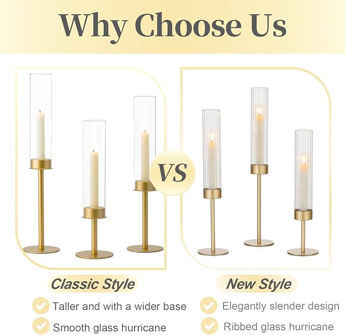 Hewory Gold Candle Holders, 3Pcs Brass Candle Stick Candelabra with Glass Candle Cover for Wedding Table Centerpiece Christmas Decor