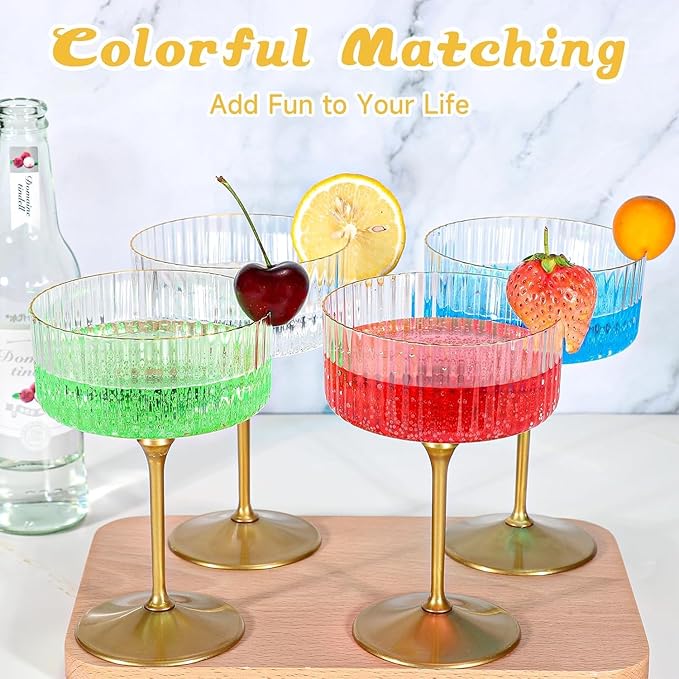 XUWAIDSGN 50 Pcs Champagne Martini Glasses 9 Oz with Gilded Removable Gold Rim Coupe Glasses Pink Martini Glasses Plastic Mimosa Vintage Coupe Glasses Set For Wedding Anniversary (50, Ribbed Gold)
