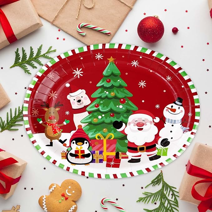 50Pcs Christmas Oval Paper Plates 10" x 12" Large Disposable 400 GSM Heavy Duty Cartoon Penguin Reindeer Snowman Dessert Plates Merry Christmas Birthday Decorations for Festive Xmas Party Supplies
