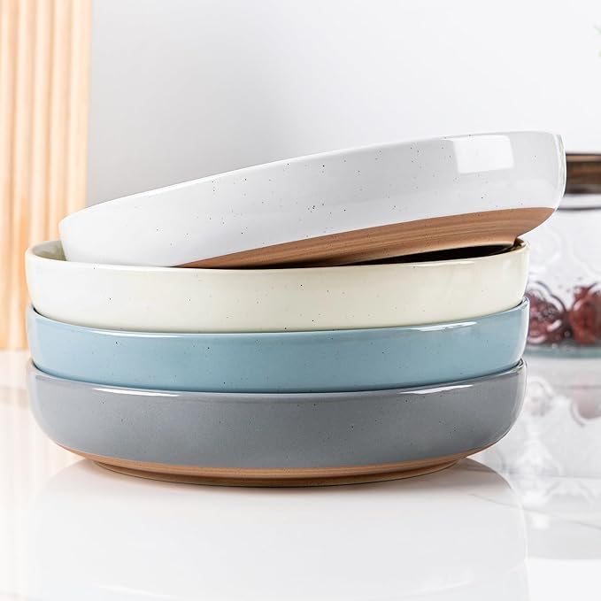 AmorArc 8.75'' Large Ceramic Pasta Bowls, 36oz Handpainted Stoneware Bowls Set of 4, Microwave&Dishwasher Safe Bowls with Rustic Terracotta Underside for Pasta Salad, Multi-Color