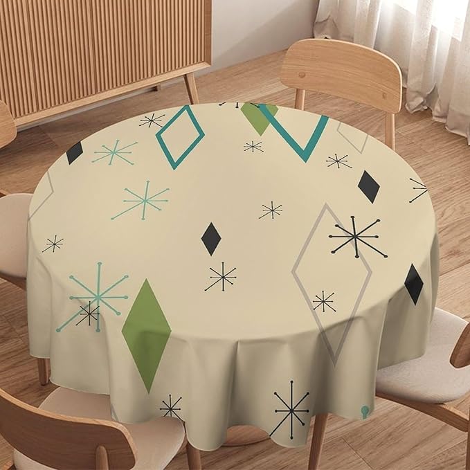 Colorful Middle Century Round Tablecloth, Vintage Bohemian Mid Century Modern Retro Print Tablecloth for Home Party Dining Room Kitchen Decor 36Inch(90cm)