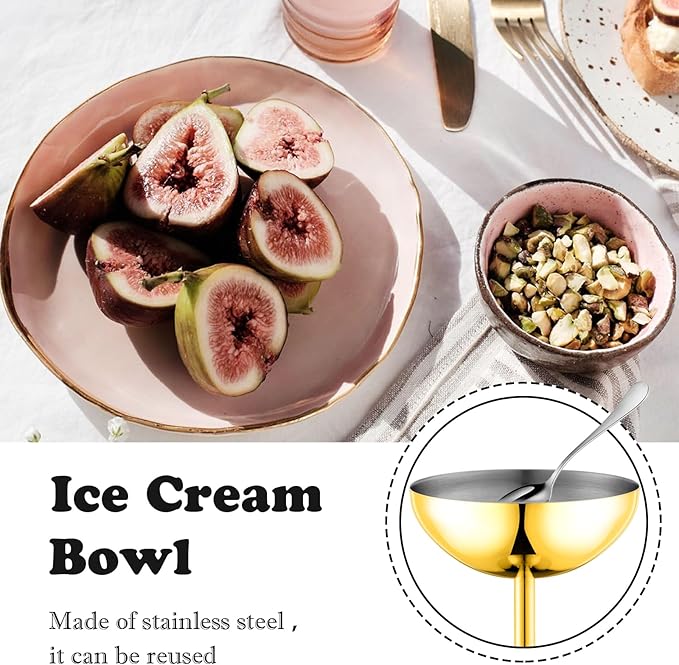 Ice Cream Bowls Stainless Steel Dessert Cups with Spoons Reusable Footed Sundae Cups Ice Cream Cups for Dessert, Frozen Yogurt, Gelato, Birthday Party Decorations (4, Glod)