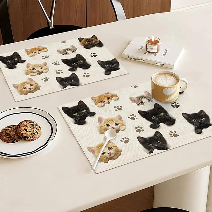 Cat Placemats Set of 6, Cute Black Cats Table Mats, Animal Washable Place Mats for Coffee Bar Home Party Indoor Kitchen Dining Table Decoration 12x18 Inch