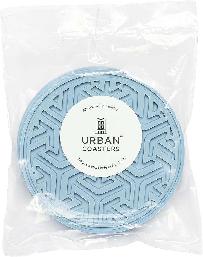 Drink Coasters for Tabletop Protection - Set of 4 No-Slip Silicone Rubber Coasters for Coffee Table, Desk & More - USA-Made Coasters for Drinks w/Liquid-Catching Grooves (Dusk Blue)