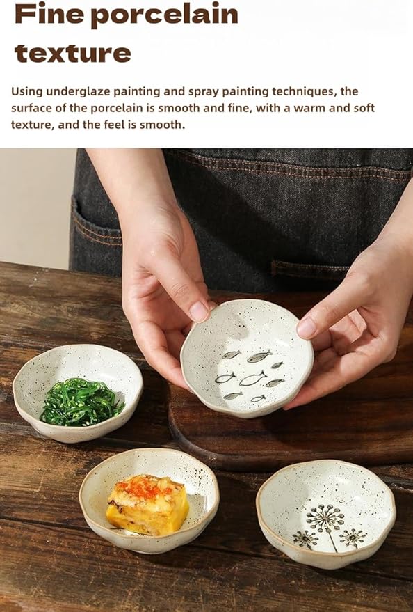 4-Pack Small Ceramic Bowls, （3.5in） Mini Dip Bowls with 2 Fish & 2 Sunflower Designs | Thickened Ramekins for Sauce, Snacks, Ice Cream, Charcuterie | Dishwasher & Oven Safe