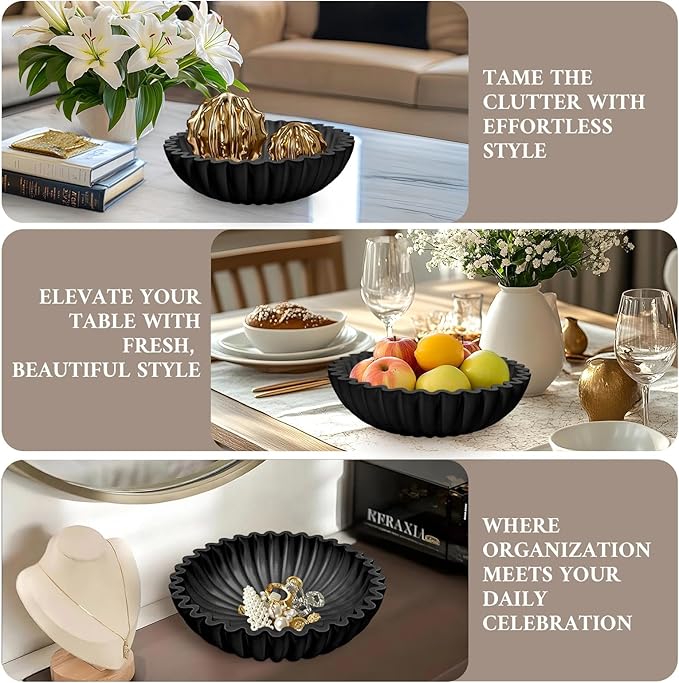MAONAME Concrete Decorative Bowl, Black Fruit Bowl for Kitchen Counter, Modern Handicraft Coffee Table Key Bowls, Large Scalloped Ruffle Bowl for Entryway, Home Decor