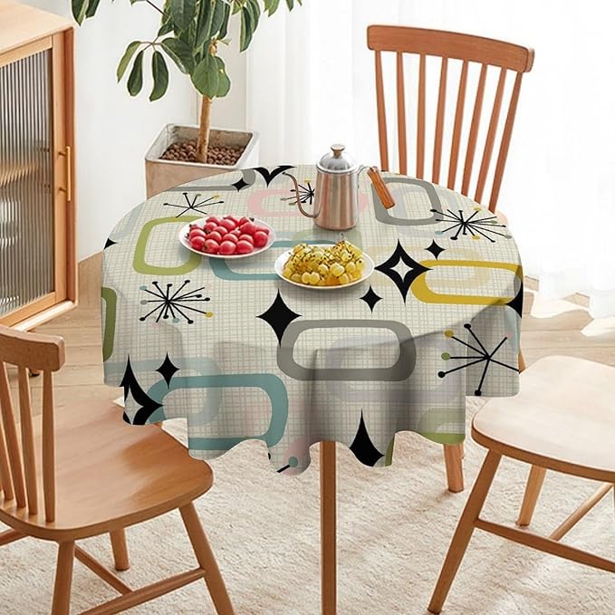Mid Century Modern Round Tablecloth, Geometry Bohemian Retro Abstract Tablecloth for Home Party Dining Room Kitchen Decor 36Inch(90cm)