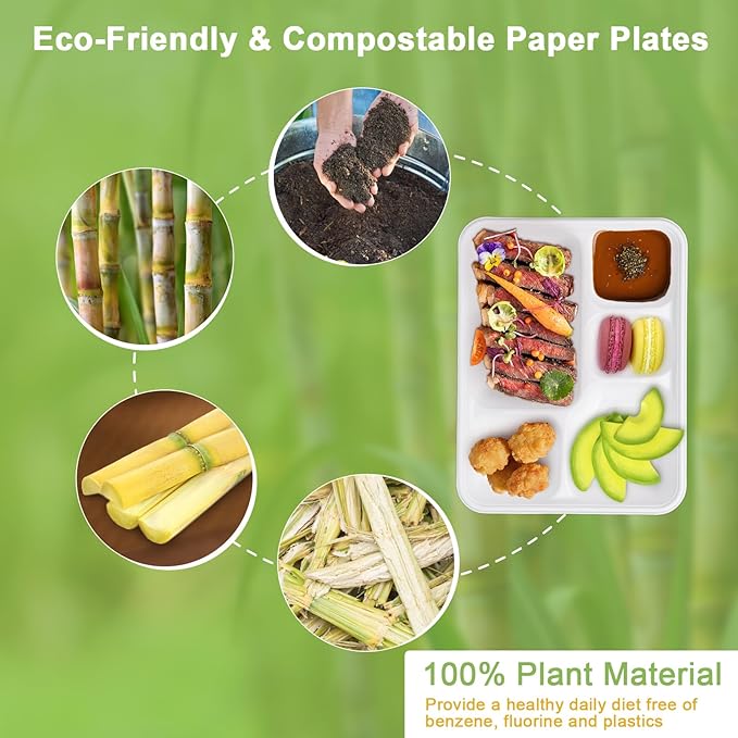 Compostable 5 Compartment Paper Plates Disposable, 11 * 8.6 inch, [50-Pack] Heavy Duty Plates with Deep Dividers, Sturdy School Lunch Trays, White Large Paper Dinner Plates for Buffet Party