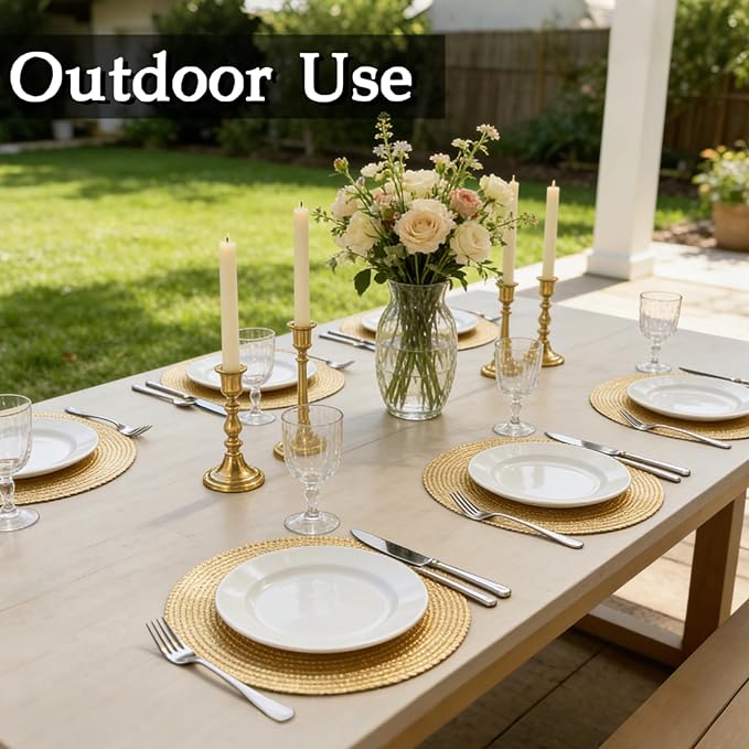 FAVE 4PCS Gold Vinyl Round Placemats, Wheat Sheaf Design 15 Inch Placemats Set of 4 Washable for Dining, Events, Banquet, Home & Daily Use (Gold Wheat,4pcs)