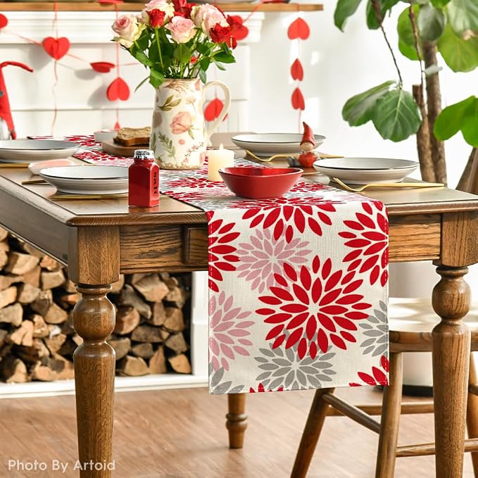 Artoid Mode Red Pink Dahlia Floral Pinnata Valentine Table Runner, Summer - Image 3