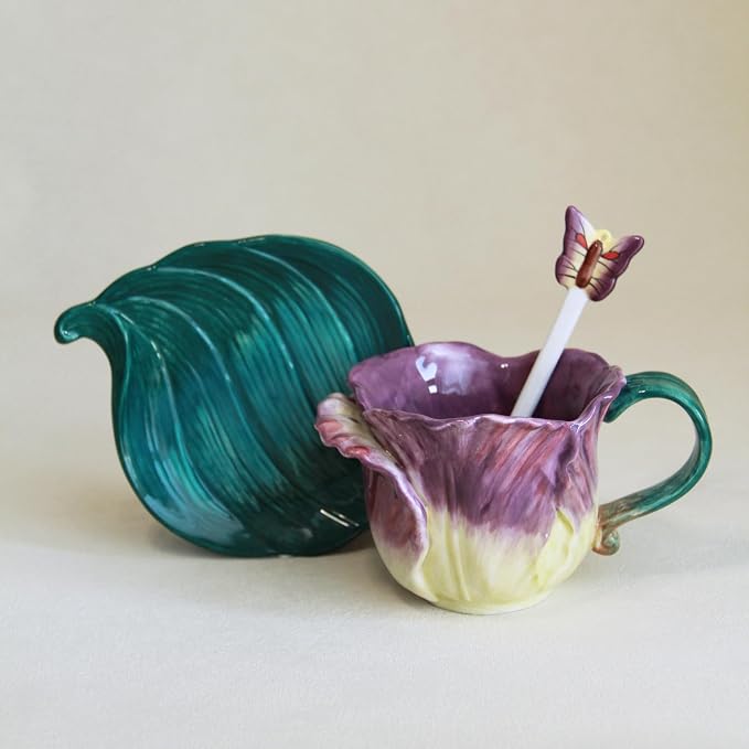 Ceramic Tea Cup and Saucer Set ，6OZ 3D Hand-Painted Flower and Lotus Leaf - Image 4