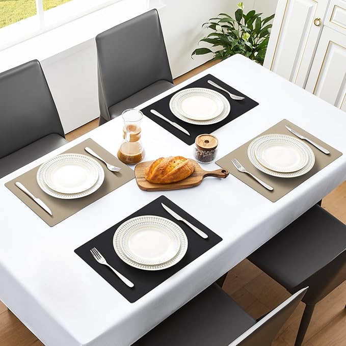 MOSAYT Vinyl Placemats Set of 4, Heat Resistant Place Mats 100% Waterproof Washable & Wipeable Faux Leather Reversible Table Mats for Kitchen Dining Party Indoor Outdoor, 12" x 17", Black/Khaki