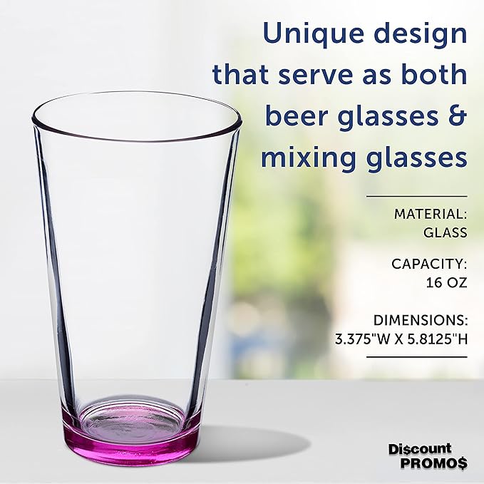 DISCOUNT PROMOS Beer Pint Glasses 16 oz. Set of 10, Bulk Pack - Heavy Duty Glassware for Restaurant, Thick Base and Walls, Stackable - Pink