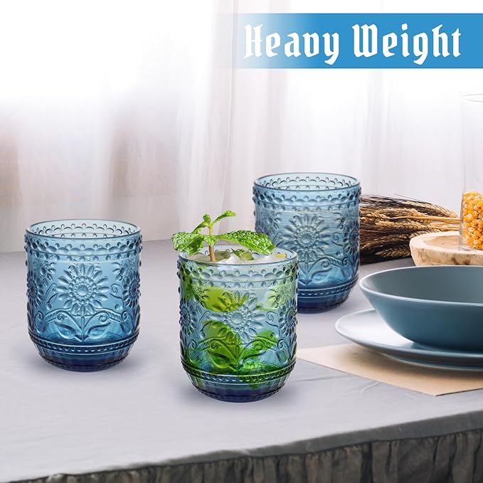 Topsky Vintage Drinking Glass Set of 6,12 oz Embossed Floral Decorative Glassware Set,Glass Cups Wine Glasses Beverages Tumblers Colored Glassware for Whisky,Beer,Juice,Cocktail,Heavy Duty