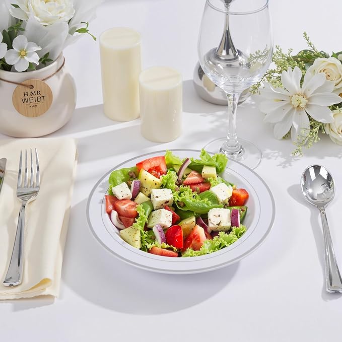 bUCLA 60 Pack Plastic Bowls with Silver Rim - 12 oz Plastic Soup Bowls Disposable for Party, Wedding, Christmas & Gathering