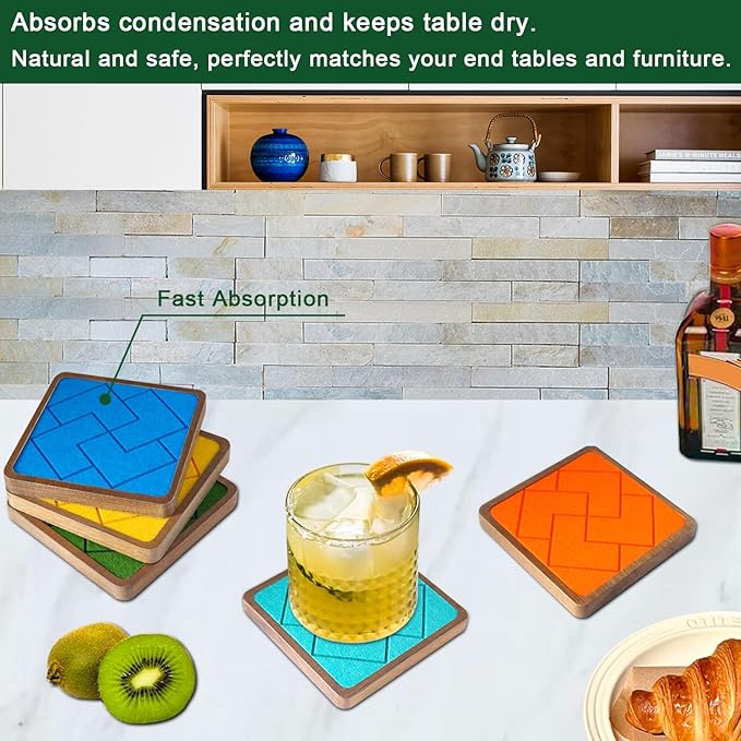 Square Coasters for Drinks Absorbent 5 Pack, EDEGG Wood Coasters for Coffee Tabletop Protection, Non-Slip, Non-Stick 4.1 Inches Colorful