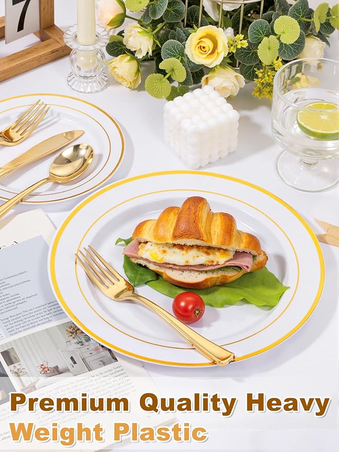 WDF 120 pieces Gold Disposable Plastic Plates - White and Gold Plates Include 10.25" Dinner Plate & 7.5" Salad Plate for Weddings/Party/Valentine's Day