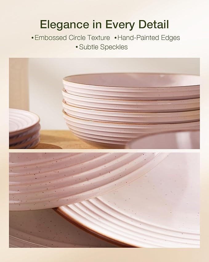 Famiware Jupiter Dinnerware Set, Plates and Bowls Dish Sets for 6 (18 Pieces), Microwave and Dishwasher Safe Stoneware Speckled Tableware, Chip and Scratch Resistant, Light Pink