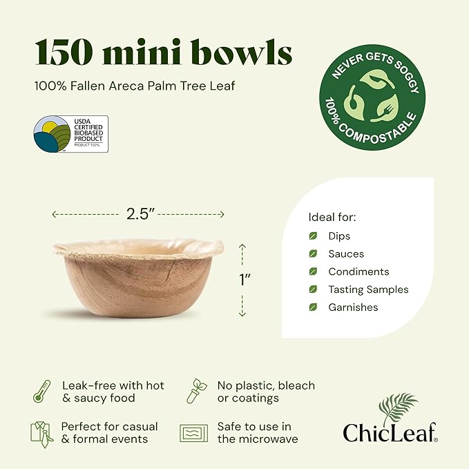 Chic Leaf Palm Leaf Bowls - Mini Disposable Bamboo Style Bowls for Parties, Winter Tasting Events, Romantic Dinner for 2, Event Appetizers - Compostable Party Supplies (2.5'' Round - 150 Pack)