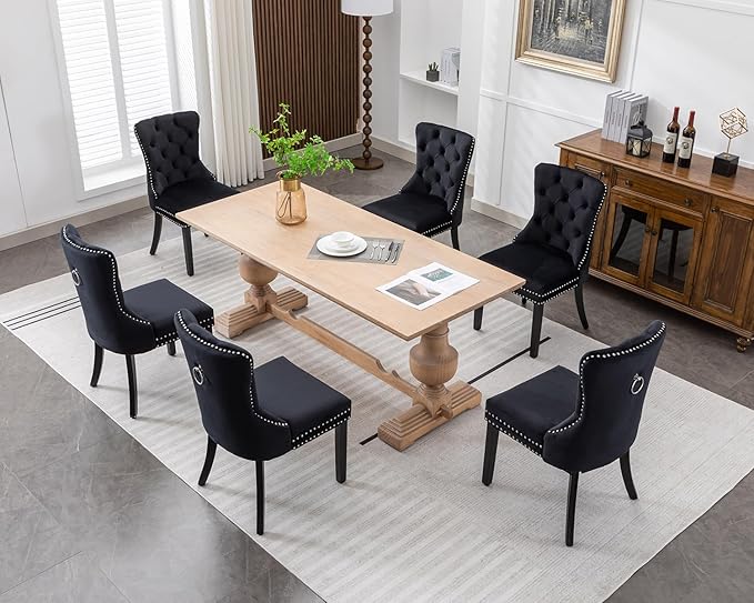 KCC Velvet Dining Chairs Set of 4, Upholstered High-end Tufted Dining Room Chair with Nailhead Back Ring Pull Trim Solid Wood Legs, Nikki Collection Modern Style for Kitchen, Black
