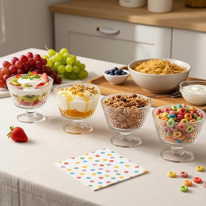 ZOOFOX 6 Pack Glass Ice Cream Bowl Set, 9 oz Footed Fruit Parfait Cups, Embossed Design Glass Dessert Bowls for Sundae, Ice Cream, Smoothie, Fruit, Salad, Yogurt, Cocktail, Snack