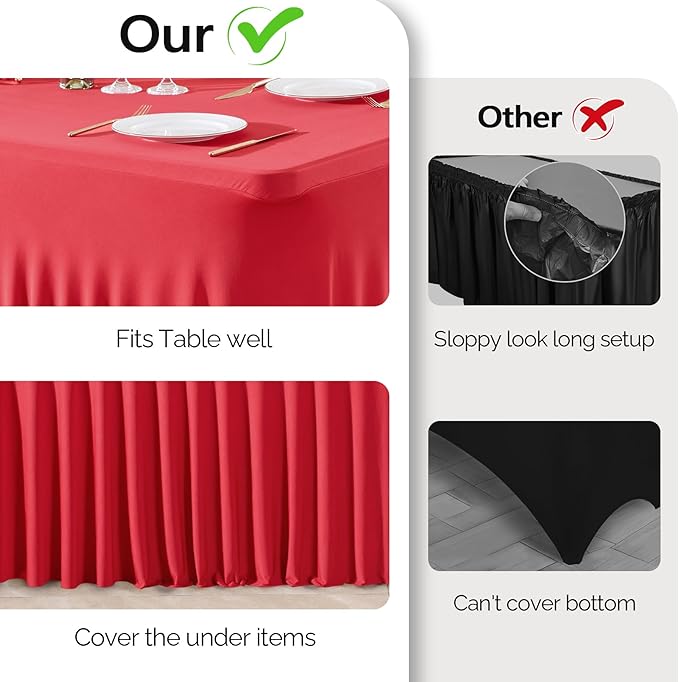 Wish Care 6 Pack Red Spandex Table Clothes for 6 Foot Rectangle Tables, 6FT Wrinkle Free Fitted Tablecloths Ruffles Design Table Cover for Party, Banquet, Wedding and Events