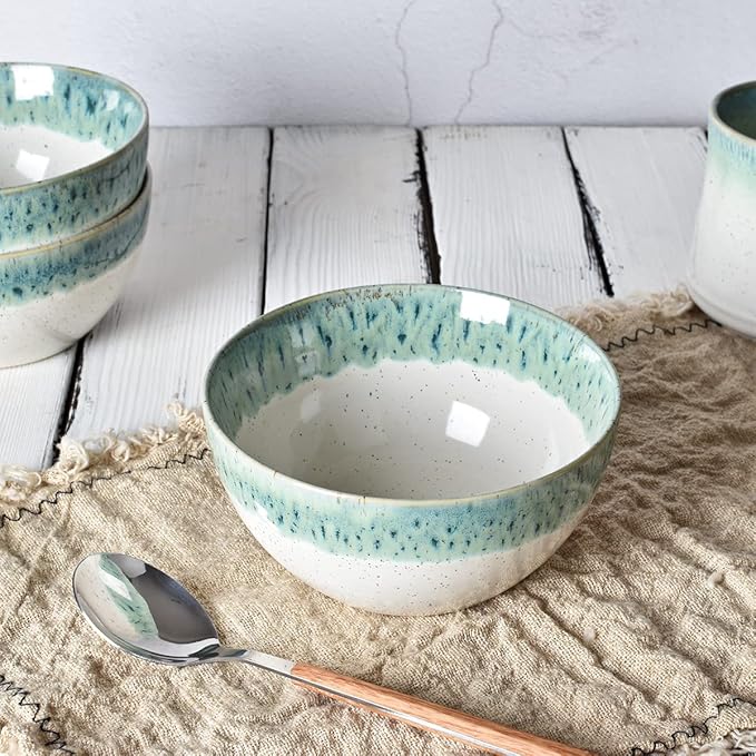 Bosmarlin Stoneware Soup Bowl Set of 4, 26 Oz, Cereal Bowl for Oatmeal, Dishwasher and Microwave Safe, Reactive Glaze (Turquoise Green, 6 in)
