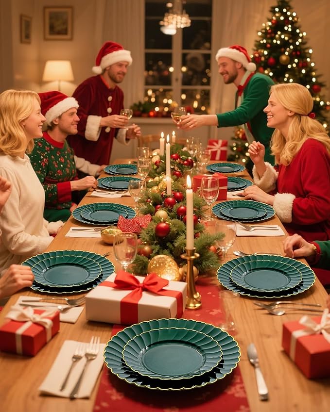 YOUBET 175PCS Green Scalloped Plastic Plates - Green and Gold Disposable Dinnerware Set Include 50 Plates, 75 Gold Silverware, 25 Cups, 25 Napkins for Party & Wedding