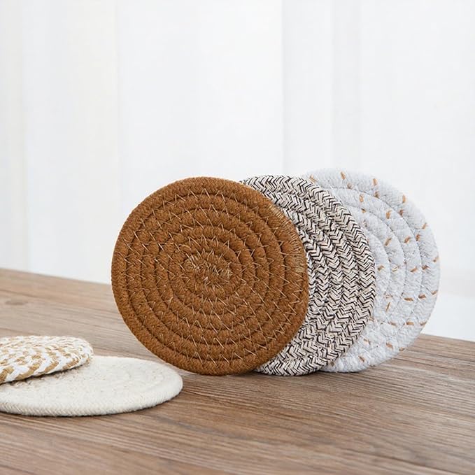 8 Pcs Drink Coasters with Holder, Handwoven Cotton Coasters Set Stackable Absorbent Minimalist Home Decor for Table, Cup, Mug (White)