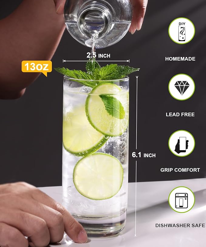 LUNA & MANTHA Highball Glasses Set of 4, 13 OZ Drinking Glass, Lead-Free Crystal Water Glassware, Tall Glass Cups for Mojito, Tom Collins, Cocktail, Home Bar