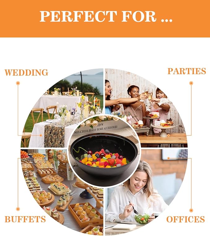 BESTVIP 150oz 4 Pack Black Plastic Serving Bowls for Party, Disposable 11.6" Large Salads Container for Snacks, Chips, Meal Prep, Stackable Candy Dishes for Christmas, Holiday, Reusable