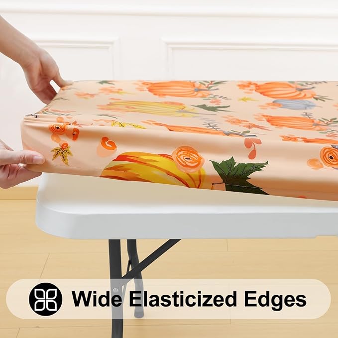 Smiry Plastic Thanksgiving Tablecloth, Pumpkin Wipeable Flannel Backed Vinyl Tablecloths for 8 Foot Tables, Waterproof Elastic Fitted Table Covers for Autumn Harvest, Parties (Orange, 30x96 Inches)