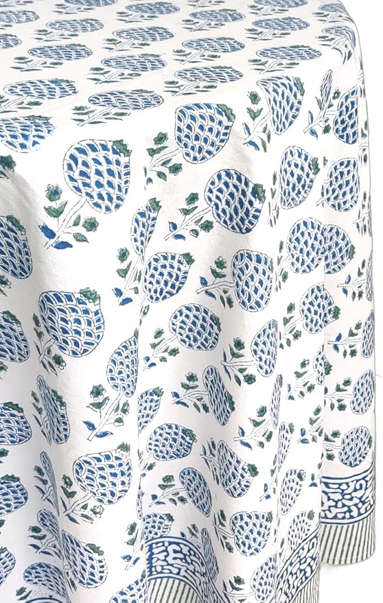 ATOSII Roma Blue 100% Cotton Boho Round Fall Tablecloth, Handblock Floral Print Table Cloth Linen for Kitchen Dining I Parties, Outdoors, Weddings, Christmas, Thanksgiving Decor 90" Inches Diameter