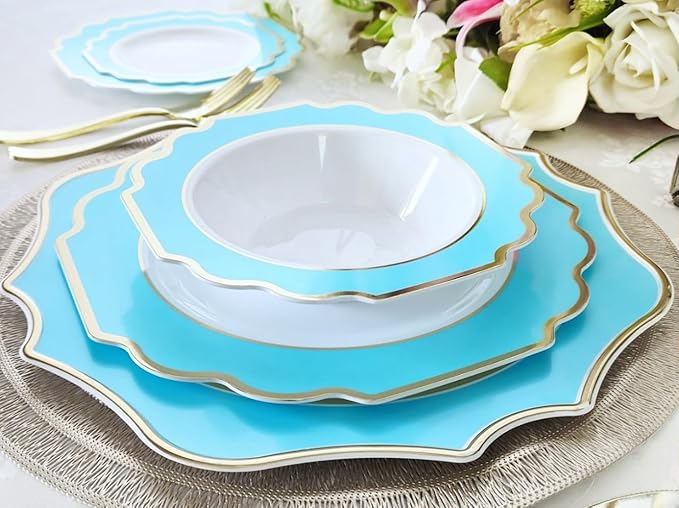 " OCCASIONS " 80 Plates Pack,(40 Guests) Heavyweight Wedding Party Disposable Plastic Plates -40 x 10.5'' Dinner + 40 x 8'' Salad/Dessert Plate (Imperial Aqua/Gold))