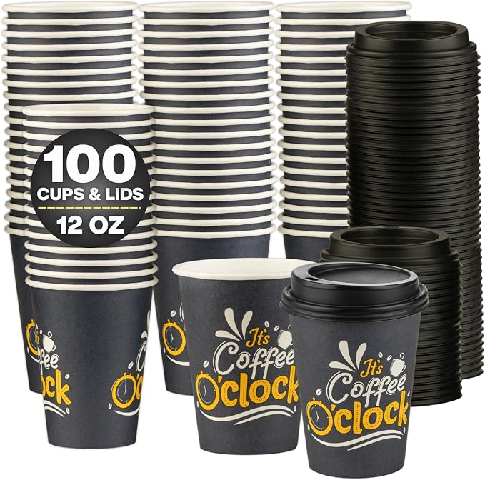 Disposable Coffee Cups with Lids, To Go Paper Hot Cups, Coffee O'Clock Design by SMYGOODS