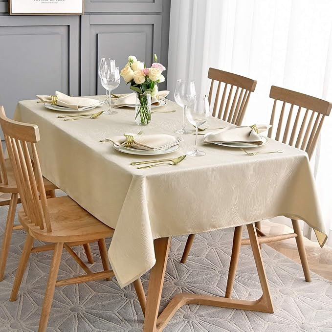 maxmill Jacquard Table Cloth Swirl Design Water Resistant Wrinkle Resistance Heavy Weight Soft Tablecloth for Kitchen Dinning Tabletop Decoration Oblong 60 x 140 Inch Beige