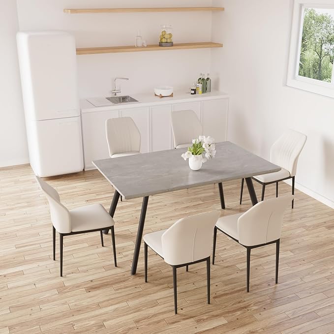 ZckyCine Modern 5-Piece Kitchen Table Set Rectangular Wood Dining Table with 4 Upholstered Leather Chairs (46.5" Table + 4 White Chairs)