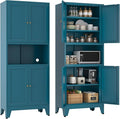 Metal Pantry Storage Cabinet, 69" Tall Storoge Cabinet with 4 Doors & 3 Adjustable Shelves, Microwave Stand with Storage for Kitchen, Dining Room, Living Room (1PC,Blue)