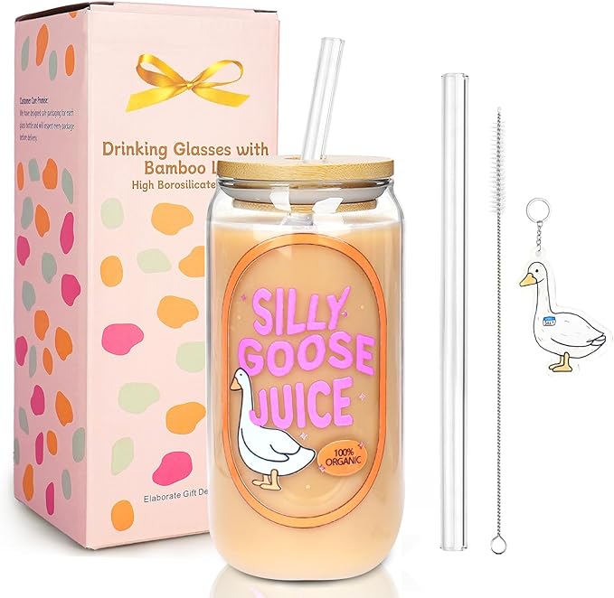 Mason Life Coquette Pink Glass Cup with Lid and Straw 18 OZ Cute Glass Cup Silly Goose Iced Coffee Cups Glass Tumbler Valentines Day Gift for Smoothie, Cocktail, Matcha Girls Trendy Preppy Stuff